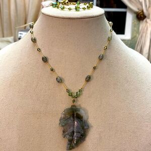 Dabby reid olive faux stone Leif iridescent green crystal gold color chain